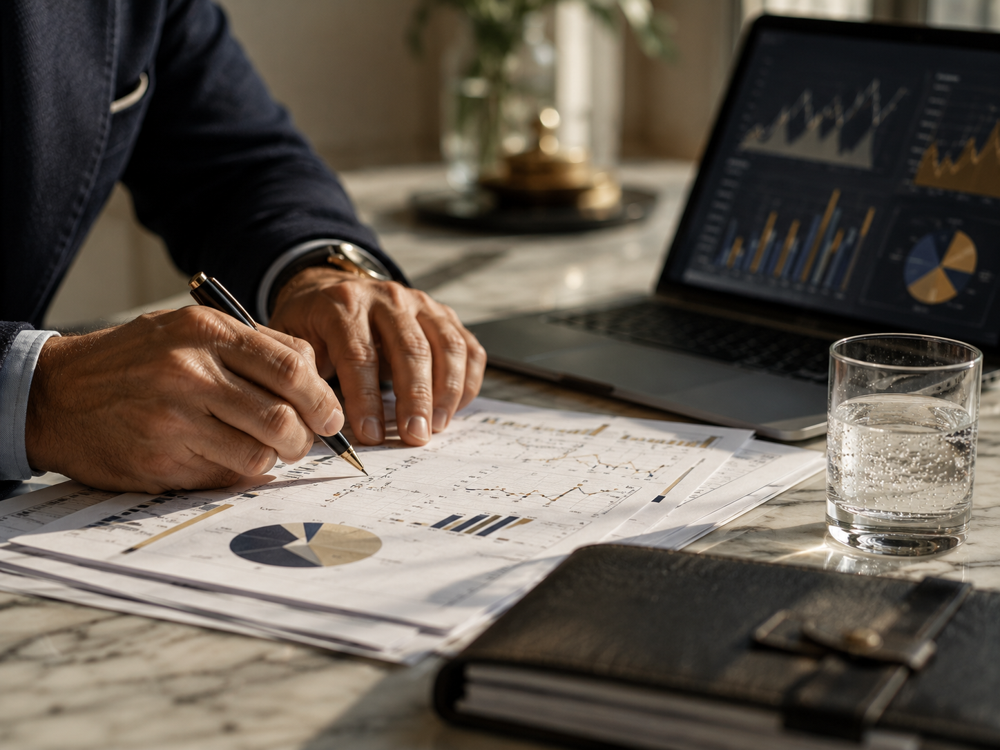 Närbild av researchprocess med utskrivna analyser, penna och laptop